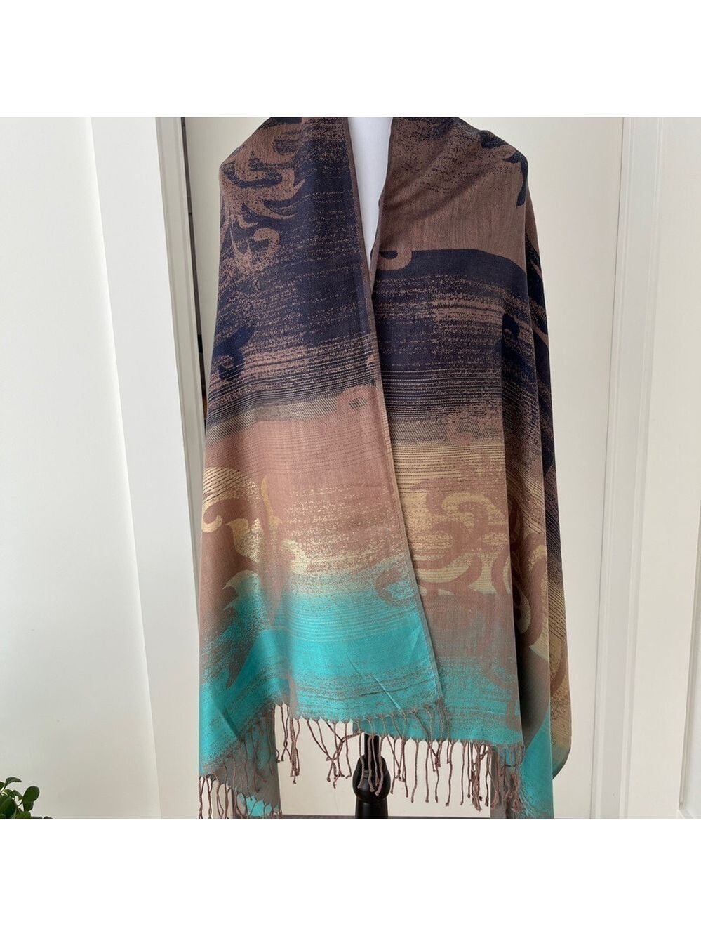 WRAP Shawl Oversize Scarf Fringe Brown Tan Turquoise Ombre Lightweight Travel